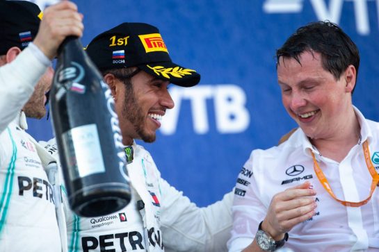 Race winner Lewis Hamilton (GBR) Mercedes AMG F1 celebrates on the podium.
29.09.2019. Formula 1 World Championship, Rd 16, Russian Grand Prix, Sochi Autodrom, Sochi, Russia, Race Day.
- www.xpbimages.com, EMail: requests@xpbimages.com - copy of publication required for printed pictures. Every used picture is fee-liable. © Copyright: Bearne / XPB Images