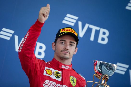 Charles Leclerc (MON) Ferrari celebrates his third position on the podium.
29.09.2019. Formula 1 World Championship, Rd 16, Russian Grand Prix, Sochi Autodrom, Sochi, Russia, Race Day.
 - www.xpbimages.com, EMail: requests@xpbimages.com - copy of publication required for printed pictures. Every used picture is fee-liable. © Copyright: Bearne / XPB Images