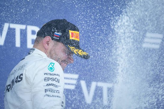 Valtteri Bottas (FIN) Mercedes AMG F1 celebrates his second position on the podium.
29.09.2019. Formula 1 World Championship, Rd 16, Russian Grand Prix, Sochi Autodrom, Sochi, Russia, Race Day.
 - www.xpbimages.com, EMail: requests@xpbimages.com - copy of publication required for printed pictures. Every used picture is fee-liable. © Copyright: Bearne / XPB Images