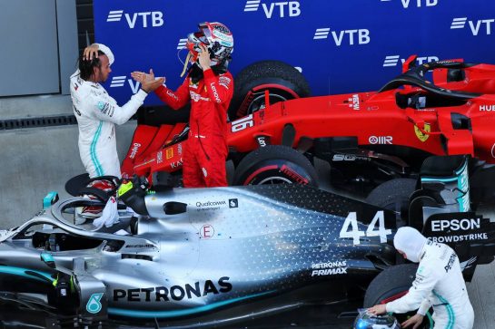 Race winner Lewis Hamilton (GBR) Mercedes AMG F1 W10 celebrates in parc ferme with third placed Charles Leclerc (MON) Ferrari.
29.09.2019. Formula 1 World Championship, Rd 16, Russian Grand Prix, Sochi Autodrom, Sochi, Russia, Race Day.
- www.xpbimages.com, EMail: requests@xpbimages.com - copy of publication required for printed pictures. Every used picture is fee-liable. © Copyright: Moy / XPB Images