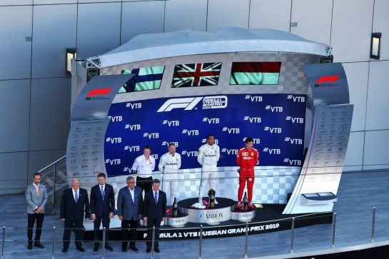 The podium (L to R): Valtteri Bottas (FIN) Mercedes AMG F1, second; Lewis Hamilton (GBR) Mercedes AMG F1, race winner; Charles Leclerc (MON) Ferrari, third.
29.09.2019. Formula 1 World Championship, Rd 16, Russian Grand Prix, Sochi Autodrom, Sochi, Russia, Race Day.
- www.xpbimages.com, EMail: requests@xpbimages.com - copy of publication required for printed pictures. Every used picture is fee-liable. © Copyright: Moy / XPB Images