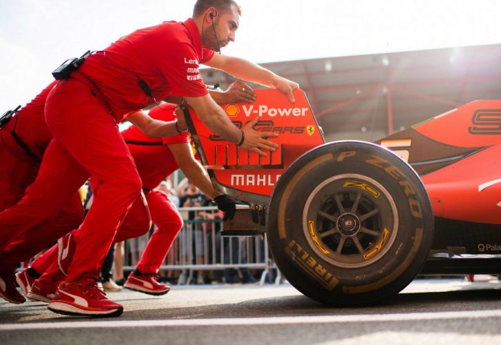 Ferrari mechanics practice a pit stop. 29.08.2019.