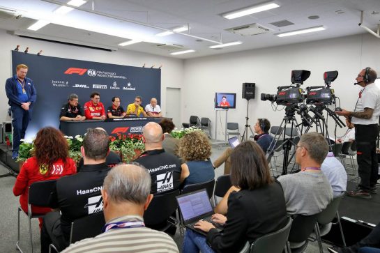 The FIA Press Conference (L to R): Guenther Steiner (ITA) Haas F1 Team Prinicipal; Mattia Binotto (ITA) Ferrari Team Principal; Toyoharu Tanabe (JPN) Honda Racing F1 Technical Director; Cyril Abiteboul (FRA) Renault Sport F1 Managing Director; Frederic Vasseur (FRA) Alfa Romeo Racing Team Principal.
11.10.2019. Formula 1 World Championship, Rd 17, Japanese Grand Prix, Suzuka, Japan, Practice Day.
- www.xpbimages.com, EMail: requests@xpbimages.com - copy of publication required for printed pictures. Every used picture is fee-liable. © Copyright: Moy / XPB Images