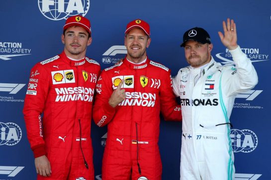 Pole position for Sebastian Vettel (GER) Ferrari SF90, 2nd for Charles Leclerc (MON) Ferrari SF90 and 3rd for Valtteri Bottas (FIN) Mercedes AMG F1 W10.
13.10.2019. Formula 1 World Championship, Rd 17, Japanese Grand Prix, Suzuka, Japan, Qualifying Day.
- www.xpbimages.com, EMail: requests@xpbimages.com - copy of publication required for printed pictures. Every used picture is fee-liable. © Copyright: Batchelor / XPB Images