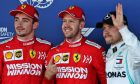 Qualifying top three in parc ferme (L to R): Charles Leclerc (MON) Ferrari, second; Sebastian Vettel (GER) Ferrari, pole position; Valtteri Bottas (FIN) Mercedes AMG F1, third.