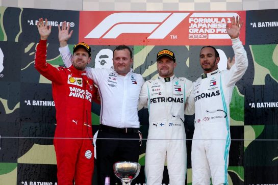 1st place Valtteri Bottas (FIN) Mercedes AMG F1 W10, 2nd place Sebastian Vettel (GER) Ferrari SF90 and 3rd place Lewis Hamilton (GBR) Mercedes AMG F1 W10.
13.10.2019. Formula 1 World Championship, Rd 17, Japanese Grand Prix, Suzuka, Japan, Race Day.
- www.xpbimages.com, EMail: requests@xpbimages.com - copy of publication required for printed pictures. Every used picture is fee-liable. © Copyright: Batchelor / XPB Images