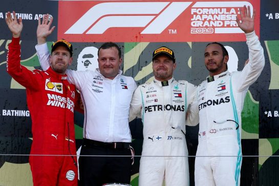 1st place Valtteri Bottas (FIN) Mercedes AMG F1 W10, 2nd place Sebastian Vettel (GER) Ferrari SF90 and 3rd place Lewis Hamilton (GBR) Mercedes AMG F1 W10.13.10.2019. Formula 1 World Championship, Rd 17, Japanese Grand Prix, Suzuka, Japan, Race Day.- www.xpbimages.com, EMail: requests@xpbimages.com - copy of publication required for printed pictures. Every used picture is fee-liable. © Copyright: Batchelor / XPB Images