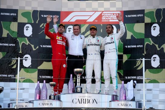 1st place Valtteri Bottas (FIN) Mercedes AMG F1 W10, 2nd place Sebastian Vettel (GER) Ferrari SF90 and 3rd place Lewis Hamilton (GBR) Mercedes AMG F1 W10.13.10.2019. Formula 1 World Championship, Rd 17, Japanese Grand Prix, Suzuka, Japan, Race Day.- www.xpbimages.com, EMail: requests@xpbimages.com - copy of publication required for printed pictures. Every used picture is fee-liable. © Copyright: Batchelor / XPB Images