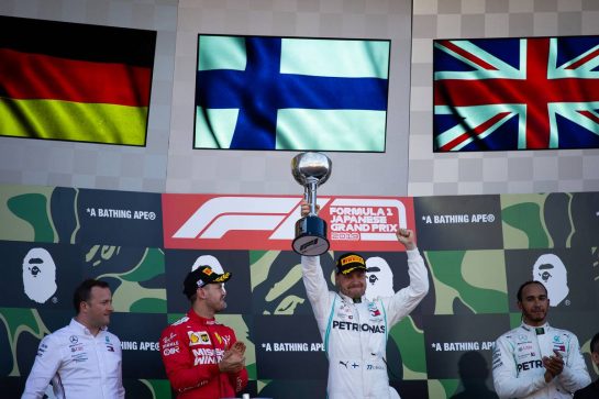 The podium (L to R): Sebastian Vettel (GER) Ferrari, second; Valtteri Bottas (FIN) Mercedes AMG F1, race winner; Lewis Hamilton (GBR) Mercedes AMG F1, third.
13.10.2019. Formula 1 World Championship, Rd 17, Japanese Grand Prix, Suzuka, Japan, Sunday.
 - www.xpbimages.com, EMail: requests@xpbimages.com - copy of publication required for printed pictures. Every used picture is fee-liable. © Copyright: Bearne / XPB Images