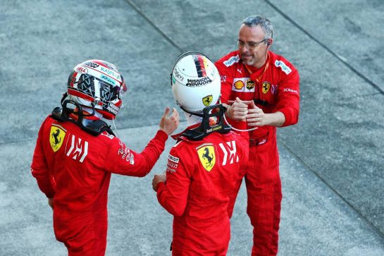 (L to R): Charles Leclerc (MON) Ferrari with Sebastian Vettel (GER) Ferrari in parc ferme.
13.10.2019. Formula 1 World Championship, Rd 17, Japanese Grand Prix, Suzuka, Japan, Sunday.
- www.xpbimages.com, EMail: requests@xpbimages.com - copy of publication required for printed pictures. Every used picture is fee-liable. © Copyright: Moy / XPB Images