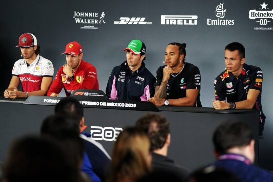 The FIA Press Conference (L to R): Antonio Giovinazzi (ITA) Alfa Romeo Racing; Sebastian Vettel (GER) Ferrari; Sergio Perez (MEX) Racing Point F1 Team; Lewis Hamilton (GBR) Mercedes AMG F1; Alexander Albon (THA) Red Bull Racing.
24.10.2019. Formula 1 World Championship, Rd 18, Mexican Grand Prix, Mexico City, Mexico, Preparation Day.
- www.xpbimages.com, EMail: requests@xpbimages.com © Copyright: Dungan / XPB Images