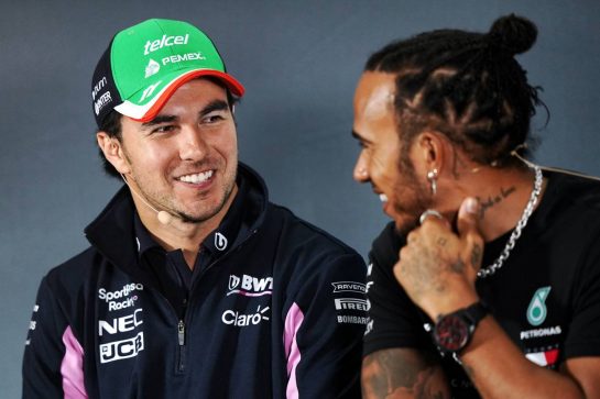 (L to R): Sergio Perez (MEX) Racing Point F1 Team with Lewis Hamilton (GBR) Mercedes AMG F1 in the FIA Press Conference.
24.10.2019. Formula 1 World Championship, Rd 18, Mexican Grand Prix, Mexico City, Mexico, Preparation Day.
- www.xpbimages.com, EMail: requests@xpbimages.com © Copyright: Dungan / XPB Images