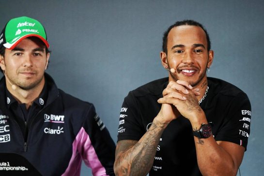 (L to R): Sergio Perez (MEX) Racing Point F1 Team with Lewis Hamilton (GBR) Mercedes AMG F1 in the FIA Press Conference.
24.10.2019. Formula 1 World Championship, Rd 18, Mexican Grand Prix, Mexico City, Mexico, Preparation Day.
 - www.xpbimages.com, EMail: requests@xpbimages.com © Copyright: Dungan / XPB Images