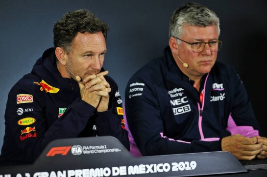 (L to R): Christian Horner (GBR) Red Bull Racing Team Principal and Otmar Szafnauer (USA) Racing Point F1 Team Principal and CEO in the FIA Press Conference.
25.10.2019. Formula 1 World Championship, Rd 18, Mexican Grand Prix, Mexico City, Mexico, Practice Day.
- www.xpbimages.com, EMail: requests@xpbimages.com © Copyright: Batchelor / XPB Images