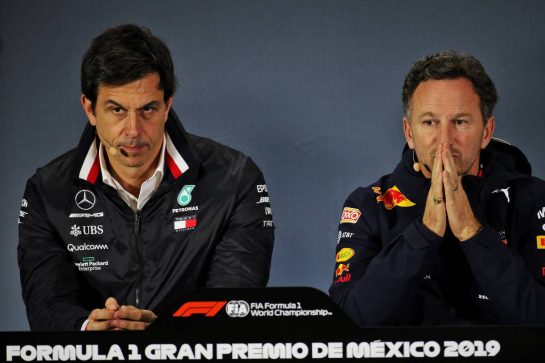 (L to R): Toto Wolff (GER) Mercedes AMG F1 Shareholder and Executive Director and Christian Horner (GBR) Red Bull Racing Team Principal in the FIA Press Conference.
25.10.2019. Formula 1 World Championship, Rd 18, Mexican Grand Prix, Mexico City, Mexico, Practice Day.
- www.xpbimages.com, EMail: requests@xpbimages.com © Copyright: Batchelor / XPB Images