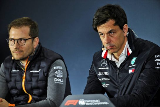 (L to R): Andreas Seidl, McLaren Managing Director and Toto Wolff (GER) Mercedes AMG F1 Shareholder and Executive Director in the FIA Press Conference.
25.10.2019. Formula 1 World Championship, Rd 18, Mexican Grand Prix, Mexico City, Mexico, Practice Day.
- www.xpbimages.com, EMail: requests@xpbimages.com © Copyright: Batchelor / XPB Images