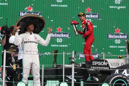 1st place Lewis Hamilton (GBR) Mercedes AMG F1 W10 and Sebastian Vettel (GER) Ferrari SF90.
27.10.2019. Formula 1 World Championship, Rd 18, Mexican Grand Prix, Mexico City, Mexico, Race Day.
- www.xpbimages.com, EMail: requests@xpbimages.com © Copyright: Batchelor / XPB Images