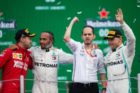 1st place Lewis Hamilton (GBR) Mercedes AMG F1 W10, with Sebastian Vettel (GER) Ferrari SF90 and Valtteri Bottas (FIN) Mercedes AMG F1 W10. 27.10.2019. Formula 1 World Championship, Rd 18, Mexican Grand Prix, Mexico City, Mexico, Race Day.
- www.xpbimages.com, EMail: requests@xpbimages.com © Copyright: Bearne / XPB Images