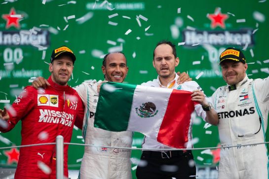 1st place Lewis Hamilton (GBR) Mercedes AMG F1 W10, with Sebastian Vettel (GER) Ferrari SF90 and Valtteri Bottas (FIN) Mercedes AMG F1 W10. 27.10.2019. Formula 1 World Championship, Rd 18, Mexican Grand Prix, Mexico City, Mexico, Race Day.
- www.xpbimages.com, EMail: requests@xpbimages.com © Copyright: Bearne / XPB Images