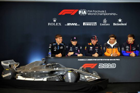(L to R): George Russell (GBR) Williams Racing; Lance Stroll (CDN) Racing Point F1 Team; Max Verstappen (NLD) Red Bull Racing; Lando Norris (GBR) McLaren; Pierre Gasly (FRA) Scuderia Toro Rosso, in the FIA Press Conference.
31.10.2019. Formula 1 World Championship, Rd 19, United States Grand Prix, Austin, Texas, USA, Preparation Day.
- www.xpbimages.com, EMail: requests@xpbimages.com © Copyright: Batchelor / XPB Images