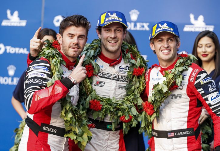Rebellion Racing team mates Bruno Senna, Gustavo Menezes and Norman Nato celebrate victory in the 4 Hours of Shanghai.