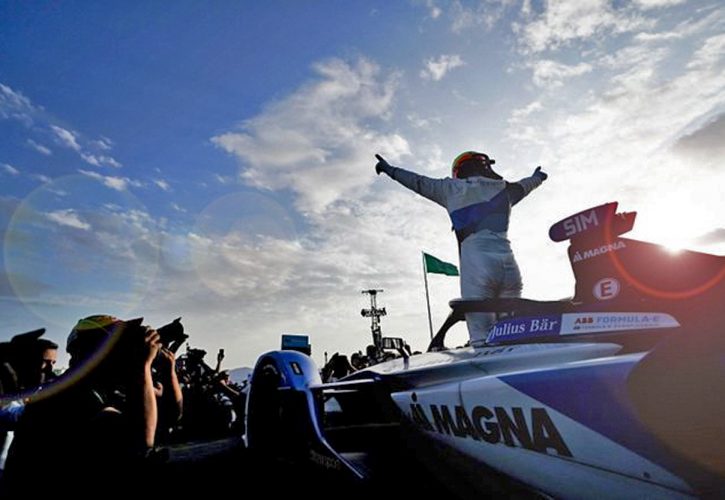 BMW Andretti's Alexander Sims celebrates victory in the second Dirirayh e-Prix