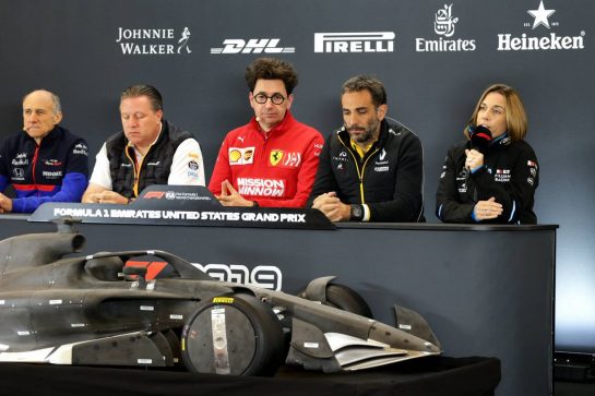 The FIA Press Conference (L to R): Franz Tost (AUT) Scuderia Toro Rosso Team Principal; Zak Brown (USA) McLaren Executive Director; Mattia Binotto (ITA) Ferrari Team Principal; Cyril Abiteboul (FRA) Renault Sport F1 Managing Director; Claire Williams (GBR) Williams Racing Deputy Team Principal.
01.11.2019. Formula 1 World Championship, Rd 19, United States Grand Prix, Austin, Texas, USA, Practice Day.
- www.xpbimages.com, EMail: requests@xpbimages.com © Copyright: Bearne / XPB Images