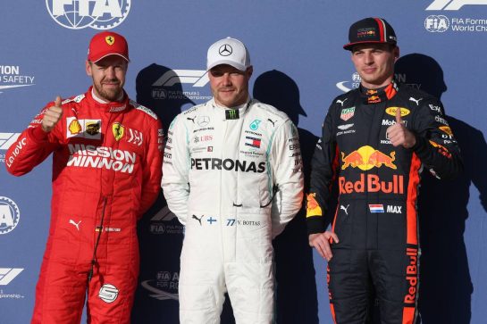 Pole for Valtteri Bottas (FIN) Mercedes AMG F1 W10, 2nd for Sebastian Vettel (GER) Ferrari SF90 and 3rd for Max Verstappen (NLD) Red Bull Racing RB15.02.11.2019. Formula 1 World Championship, Rd 19, United States Grand Prix, Austin, Texas, USA, Qualifying Day.- www.xpbimages.com, EMail: requests@xpbimages.com © Copyright: Batchelor / XPB Images