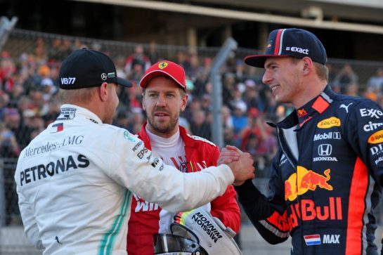 Valtteri Bottas (FIN) Mercedes AMG F1 celebrates his pole position in qualifying parc ferme with Sebastian Vettel (GER) Ferrari and Max Verstappen (NLD) Red Bull Racing.
02.11.2019. Formula 1 World Championship, Rd 19, United States Grand Prix, Austin, Texas, USA, Qualifying Day.
- www.xpbimages.com, EMail: requests@xpbimages.com © Copyright: Batchelor / XPB Images