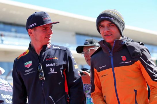 (L to R): Max Verstappen (NLD) Red Bull Racing with Lando Norris (GBR) McLaren on the drivers parade.
03.11.2019. Formula 1 World Championship, Rd 19, United States Grand Prix, Austin, Texas, USA, Race Day.
- www.xpbimages.com, EMail: requests@xpbimages.com © Copyright: Batchelor / XPB Images