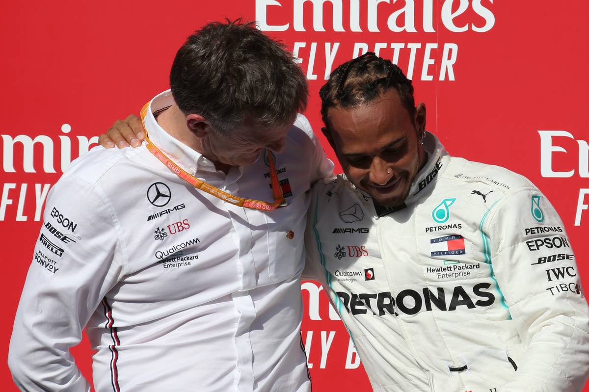 ames Allison (GBR) Mercedes AMG F1 Technical Director and 2nd place Lewis Hamilton (GBR) Mercedes AMG F1 W10 and new world champion.