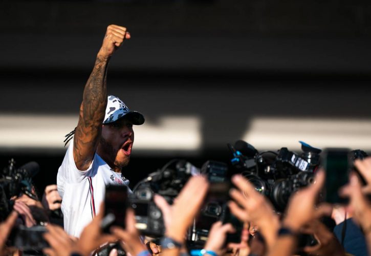 Lewis Hamilton (GBR) Mercedes AMG F1 celebrates his second position and World Championship with the team.