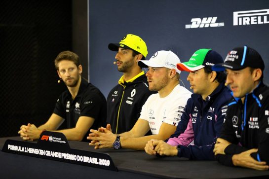 The FIA Press Conference (L to R): Romain Grosjean (FRA) Haas F1 Team; Daniel Ricciardo (AUS) Renault F1 Team; Valtteri Bottas (FIN) Mercedes AMG F1; Sergio Perez (MEX) Racing Point F1 Team; Robert Kubica (POL) Williams Racing.
14.11.2019. Formula 1 World Championship, Rd 20, Brazilian Grand Prix, Sao Paulo, Brazil, Preparation Day.
- www.xpbimages.com, EMail: requests@xpbimages.com © Copyright: Photo4 / XPB Images