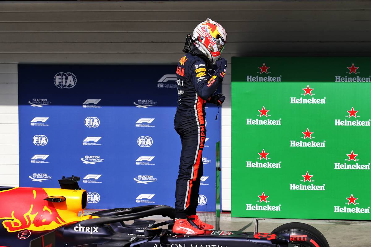 Max Verstappen (NLD) Red Bull Racing RB15 celebrates his pole position in qualifying parc ferme. 16.11.2019.