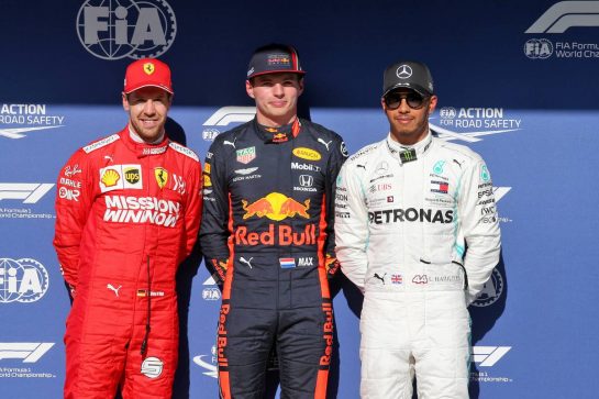 Qualifying top three in parc ferme (L to R): Sebastian Vettel (GER) Ferrari, second; Max Verstappen (NLD) Red Bull Racing, pole position; Lewis Hamilton (GBR) Mercedes AMG F1, third.
16.11.2019. Formula 1 World Championship, Rd 20, Brazilian Grand Prix, Sao Paulo, Brazil, Qualifying Day.
- www.xpbimages.com, EMail: requests@xpbimages.com © Copyright: Batchelor / XPB Images