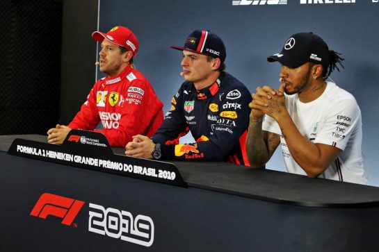 (L to R): Sebastian Vettel (GER) Ferrari; Max Verstappen (NLD) Red Bull Racing; and Lewis Hamilton (GBR) Mercedes AMG F1, in the post qualifying FIA Press Conference.
16.11.2019. Formula 1 World Championship, Rd 20, Brazilian Grand Prix, Sao Paulo, Brazil, Qualifying Day.
- www.xpbimages.com, EMail: requests@xpbimages.com © Copyright: Moy / XPB Images