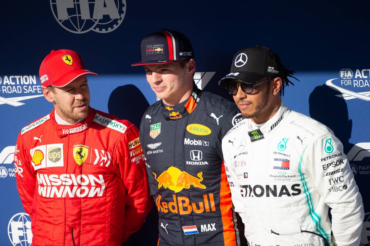 Qualifying top three in parc ferme (L to R): Sebastian Vettel (GER) Ferrari, second; Max Verstappen (NLD) Red Bull Racing, pole position; Lewis Hamilton (GBR) Mercedes AMG F1, third.