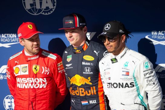 Qualifying top three in parc ferme (L to R): Sebastian Vettel (GER) Ferrari, second; Max Verstappen (NLD) Red Bull Racing, pole position; Lewis Hamilton (GBR) Mercedes AMG F1, third.
16.11.2019. Formula 1 World Championship, Rd 20, Brazilian Grand Prix, Sao Paulo, Brazil, Qualifying Day.
- www.xpbimages.com, EMail: requests@xpbimages.com © Copyright: Bearne / XPB Images