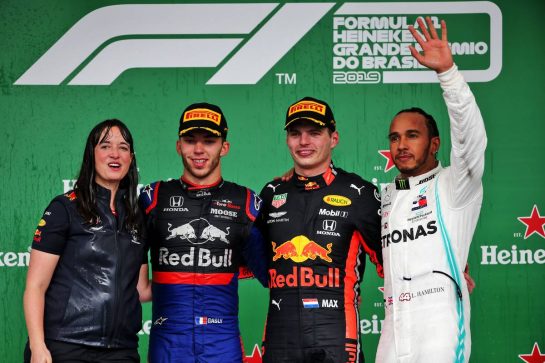 The podium (L to R): Hannah Schmitz (GBR) Red Bull Racing Senior Strategy Engineer; Pierre Gasly (FRA) Scuderia Toro Rosso, second; Max Verstappen (NLD) Red Bull Racing, race winner; Lewis Hamilton (GBR) Mercedes AMG F1, third.
17.11.2019. Formula 1 World Championship, Rd 20, Brazilian Grand Prix, Sao Paulo, Brazil, Race Day.
- www.xpbimages.com, EMail: requests@xpbimages.com © Copyright: Batchelor / XPB Images