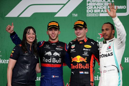 Hannah Schmitz, Senior Strategy Engineer at Red Bull Racing, with 1st place Max Verstappen (NLD) Red Bull Racing RB15, 2nd place Pierre Gasly (FRA) Scuderia Toro Rosso STR14 and 3rd place Lewis Hamilton (GBR) Mercedes AMG F1 W10.17.11.2019. Formula 1 World Championship, Rd 20, Brazilian Grand Prix, Sao Paulo, Brazil, Race Day.- www.xpbimages.com, EMail: requests@xpbimages.com © Copyright: Batchelor / XPB Images