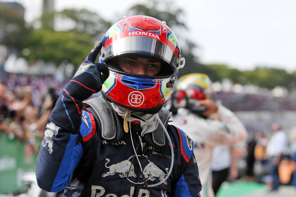 Pierre Gasly (FRA) Scuderia Toro Rosso celebrates his second position in parc ferme.