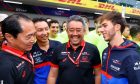 Pierre Gasly (FRA) Scuderia Toro Rosso celebrates his second position with Toyoharu Tanabe (JPN) Honda Racing F1 Technical Director; Masashi Yamamoto (JPN) Honda Racing F1 Managing Director and the team.