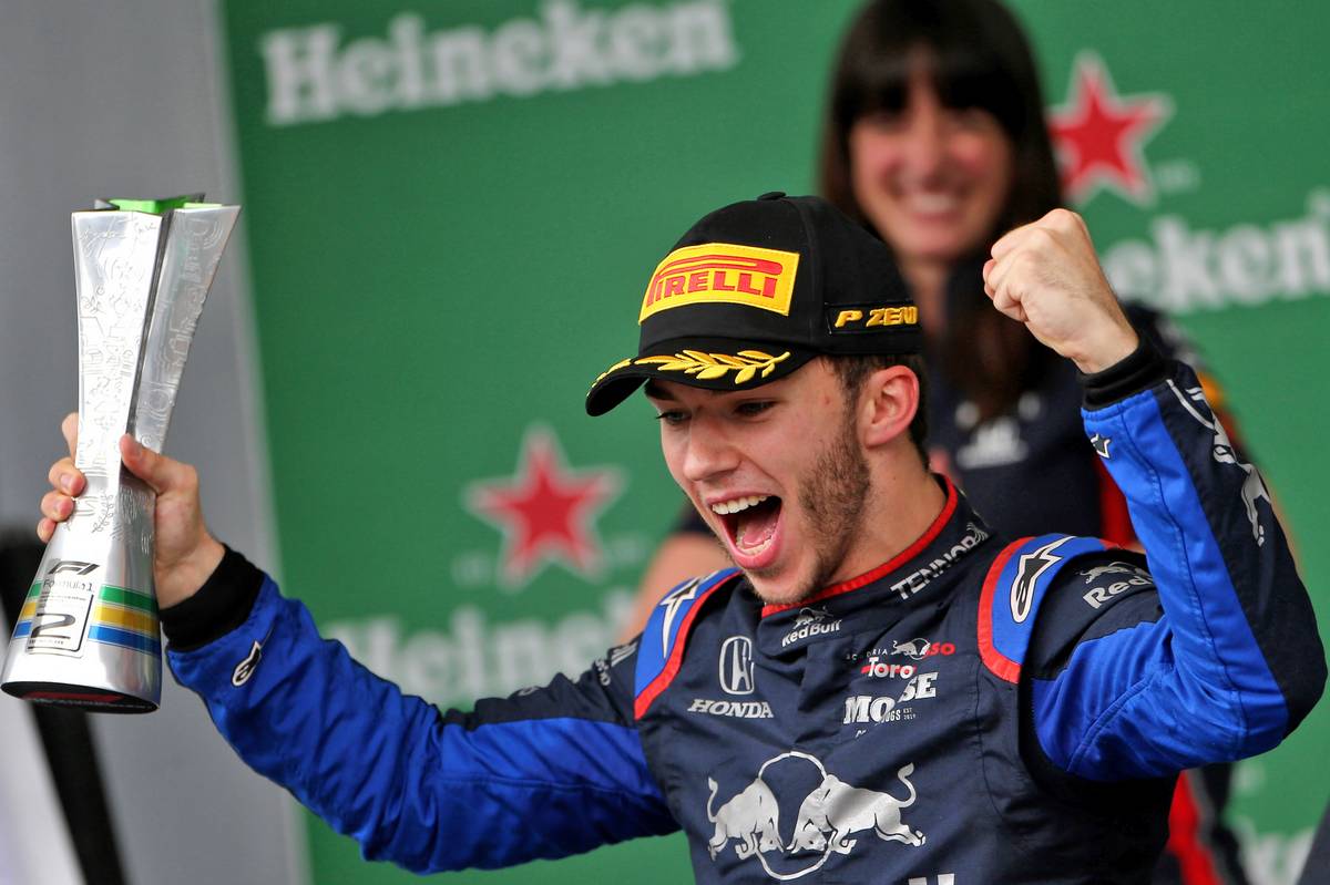 Pierre Gasly (FRA) Scuderia Toro Rosso celebrates his third position on the podium.