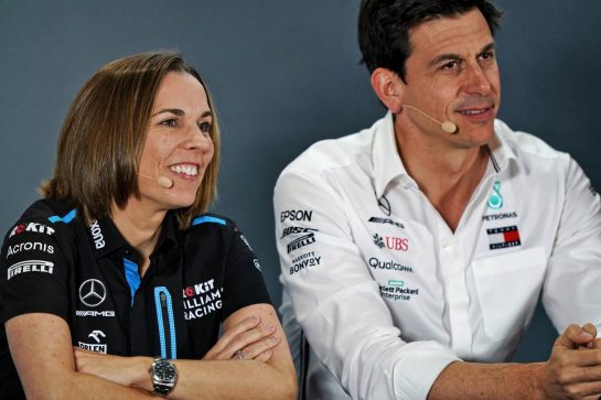 (L to R): Claire Williams (GBR) Williams Racing Deputy Team Principal and Toto Wolff (GER) Mercedes AMG F1 Shareholder and Executive Director in the FIA Press Conference.                               
29.11.2019. Formula 1 World Championship, Rd 21, Abu Dhabi Grand Prix, Yas Marina Circuit, Abu Dhabi, Practice Day.
 - www.xpbimages.com, EMail: requests@xpbimages.com © Copyright: Dungan / XPB Images