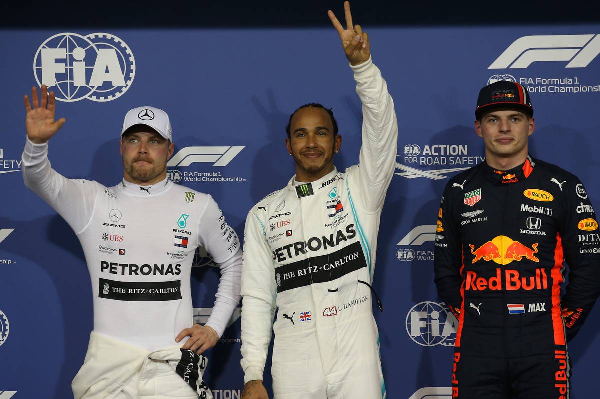 Pole for Lewis Hamilton (GBR) Mercedes AMG F1 W10, 2nd for Valtteri Bottas (FIN) Mercedes AMG F1 W10 and 3rd for Max Verstappen (NLD) Red Bull Racing RB15.