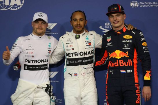 Pole for Lewis Hamilton (GBR) Mercedes AMG F1 W10, 2nd for Valtteri Bottas (FIN) Mercedes AMG F1 W10 and 3rd for Max Verstappen (NLD) Red Bull Racing RB15. 30.11.2019. Formula 1 World Championship, Rd 21, Abu Dhabi Grand Prix, Yas Marina Circuit, Abu Dhabi, Qualifying Day. - www.xpbimages.com, EMail: requests@xpbimages.com © Copyright: Batchelor / XPB Images