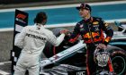 Lewis Hamilton (GBR) Mercedes AMG F1 in qualifying parc ferme with Max Verstappen (NLD) Red Bull Racing.