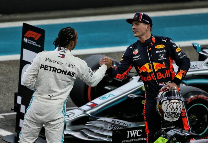 Lewis Hamilton (GBR) Mercedes AMG F1 in qualifying parc ferme with Max Verstappen (NLD) Red Bull Racing.