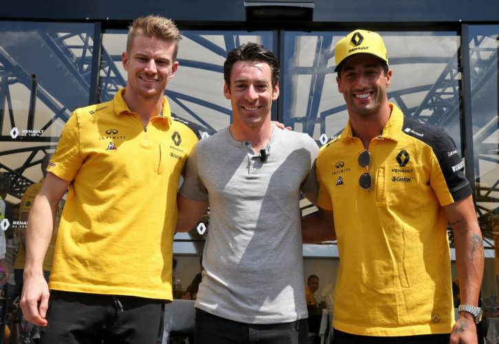 Nico Hulkenberg (GER) Renault F1 Team and Daniel Ricciardo (AUS) Renault F1 Team with Simon Pagenaud (FRA) Team Penske IndyCar Driver.