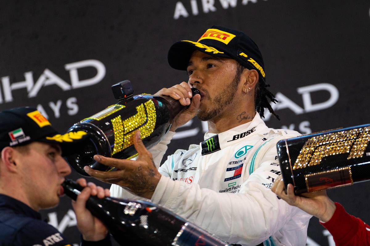 Race winner Lewis Hamilton (GBR) Mercedes AMG F1 celebrates on the podium. 01.12.2019.